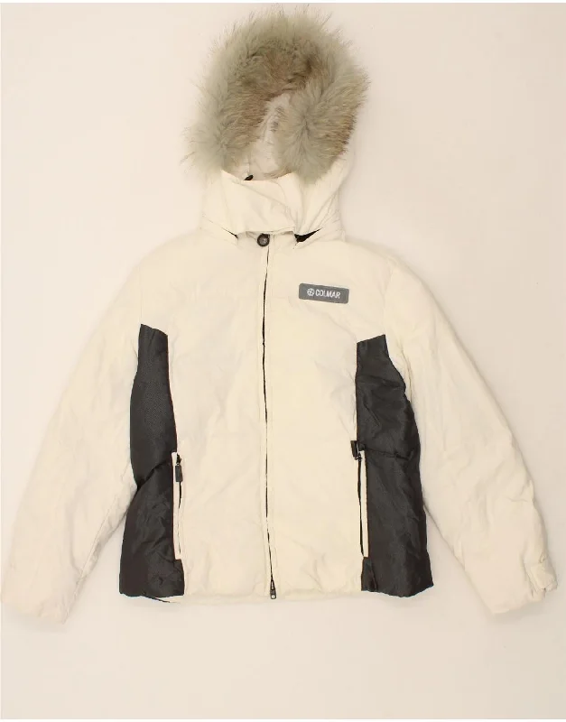 COLMAR Womens Hooded Padded Jacket IT 48 XL White Colourblock Striped Jacket Polka Dot Jacket Floral Jacket COLMAR Womens Hooded Padded Jacket IT 48 XL White Colourblock Striped Jacket Polka Dot Jacket Floral Jacket