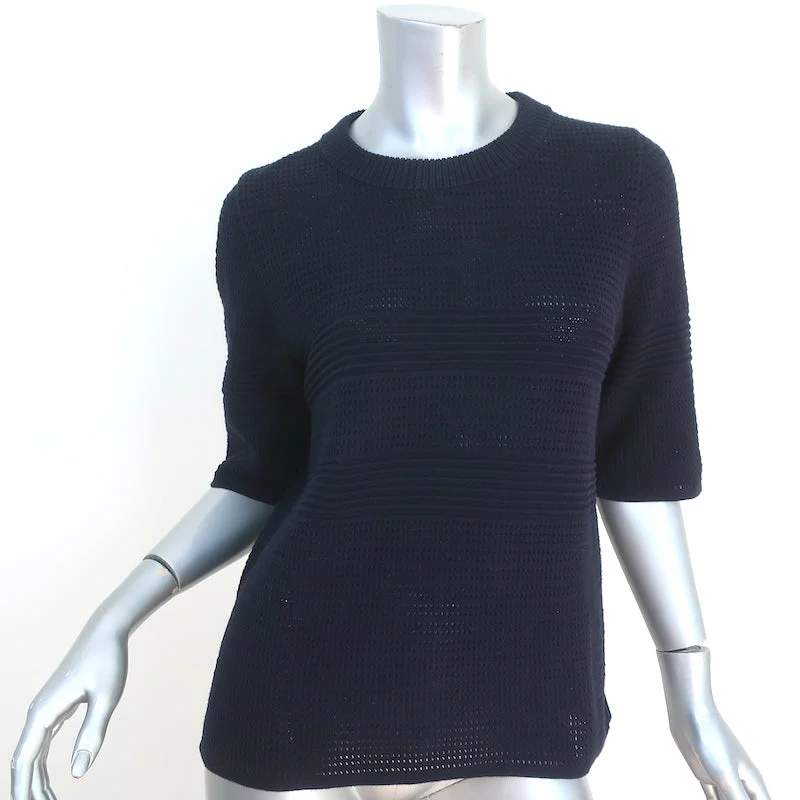 Chloe Top Navy Cotton Pointelle Knit Size Large Short Sleeve Sweater Handmade Hand-knitted Hand-woven Chloe Top Navy Cotton Pointelle Knit Size Large Short Sleeve Sweater Handmade Hand-knitted Hand-woven