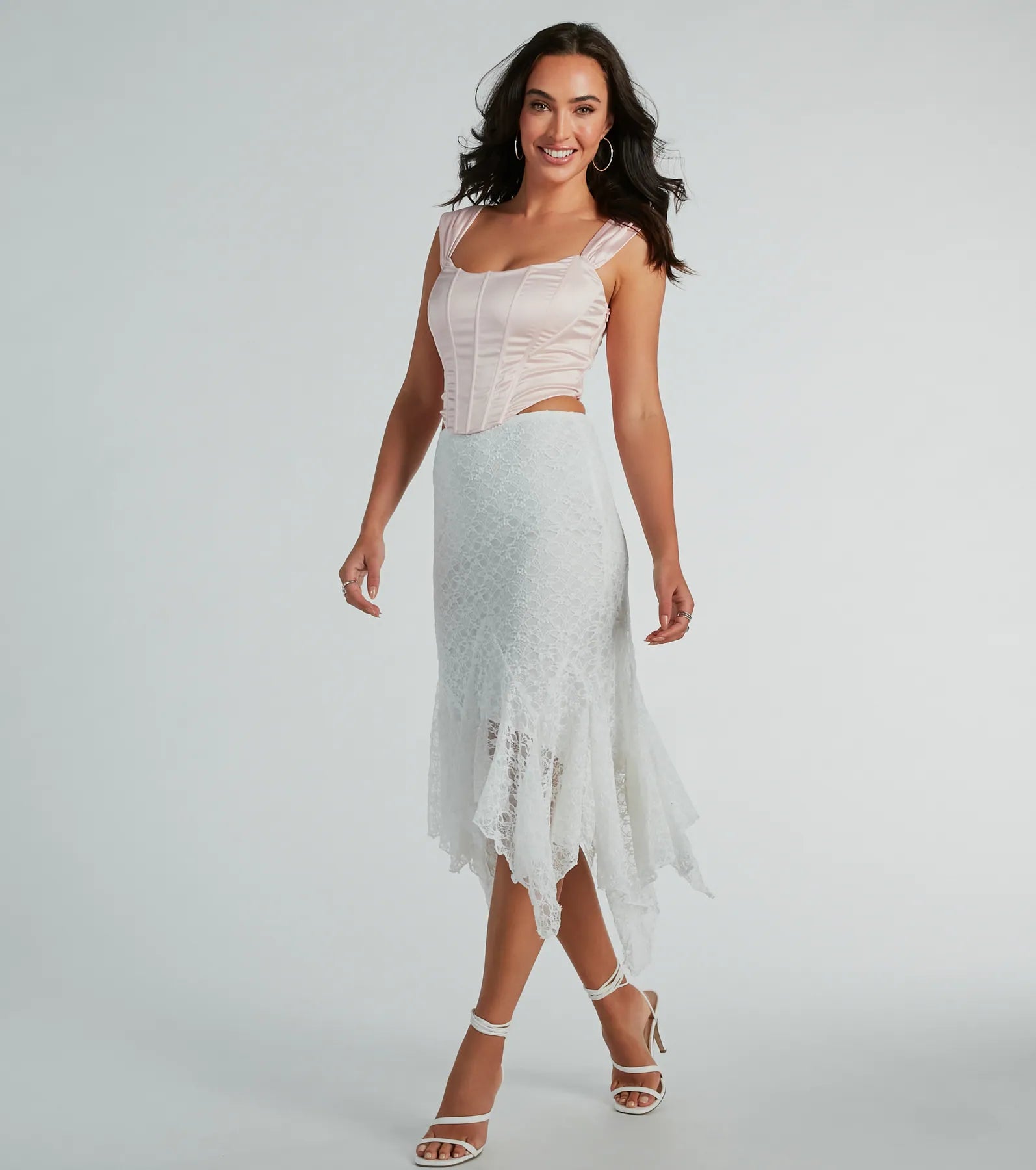 Romance Me High-Rise Hanky Lace Midi Skirt button skirt front
