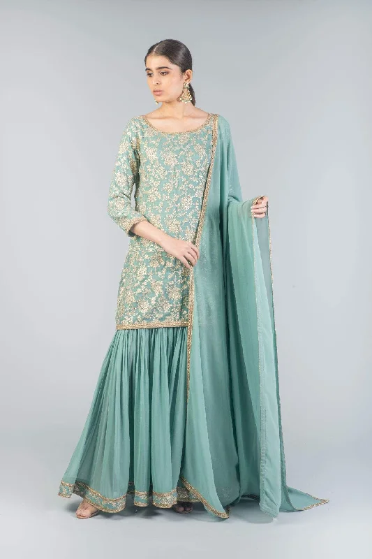 Teal Georgette Skirt Set velvet skirt luxurious