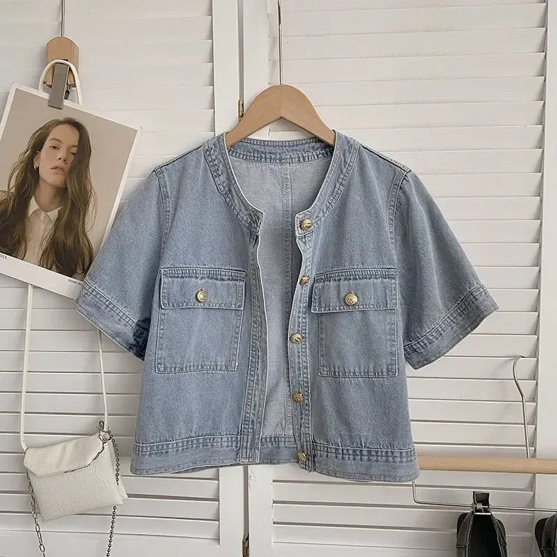 Women's Denim Short Sleeve Shirt 2024 New Korean Style Casual Loose Fit Design Vintage Short Jacket Summer Fashion Knit Fabric Woven Fabric Fleece Fabric Women's Denim Short Sleeve Shirt 2024 New Korean Style Casual Loose Fit Design Vintage Short Jacket Summer Fashion Knit Fabric Woven Fabric Fleece Fabric