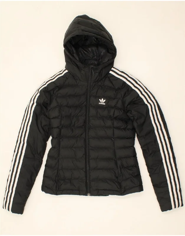 ADIDAS Womens Hooded Padded Jacket UK 6 XS Black Polyester Denim Fabric Leather Fabric Suede Fabric ADIDAS Womens Hooded Padded Jacket UK 6 XS Black Polyester Denim Fabric Leather Fabric Suede Fabric