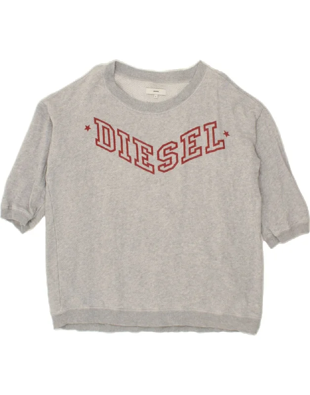 DIESEL Womens 3/4 Sleeve Graphic Sweatshirt Jumper UK 16 Large Grey Cotton Hoodie with Toggle Buttons Decorative Unique DIESEL Womens 3/4 Sleeve Graphic Sweatshirt Jumper UK 16 Large Grey Cotton Hoodie with Toggle Buttons Decorative Unique
