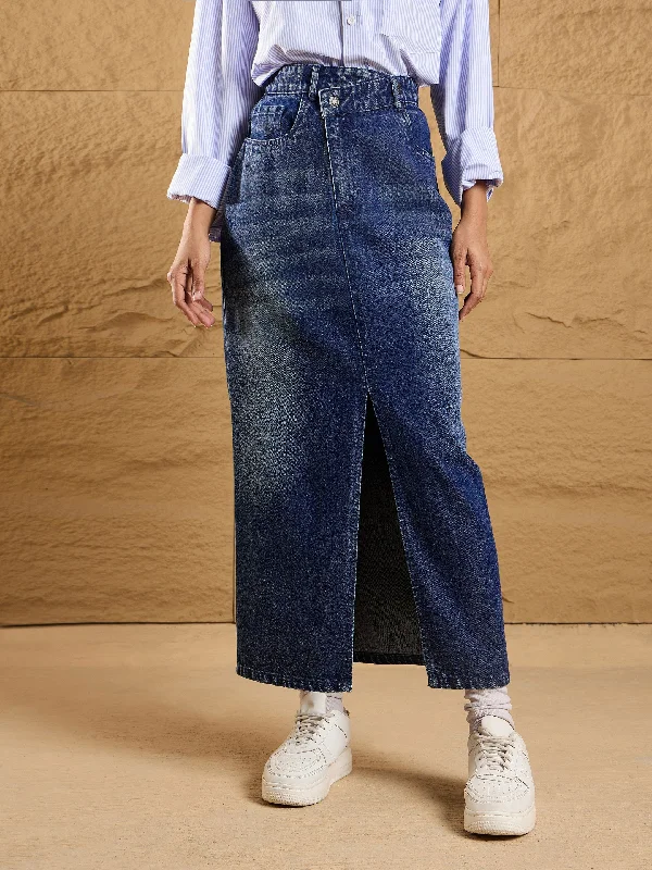 Women Blue Asymmetrical Waist Front Slit Maxi Skirt linen skirt light
