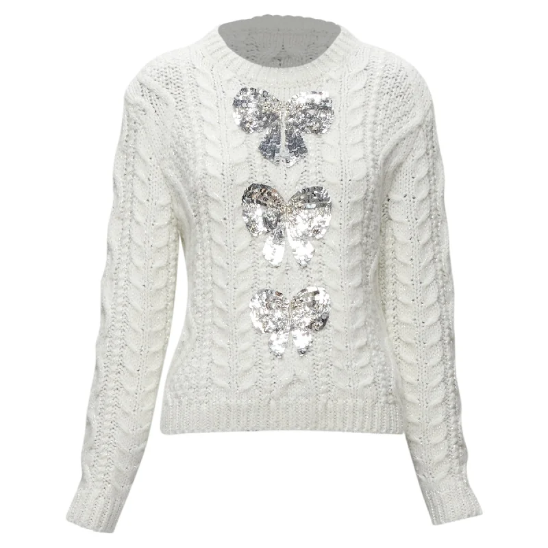 Valentino Garavani silver beads sequins bow lurex cable knit sweater Real Fur Shearling Chenille Valentino Garavani silver beads sequins bow lurex cable knit sweater Real Fur Shearling Chenille