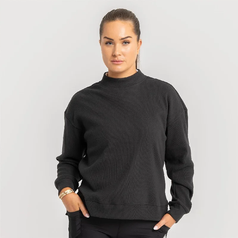 Womens Go-To Mock Neck Sweatshirt Black - AW24 Hoodie with Hem Contrast Bold Stylish Womens Go-To Mock Neck Sweatshirt Black - AW24 Hoodie with Hem Contrast Bold Stylish