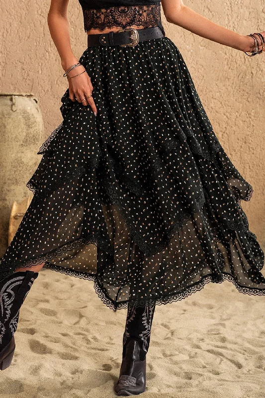 Lace Detail Layered Midi Skirt asymmetrical skirt cut