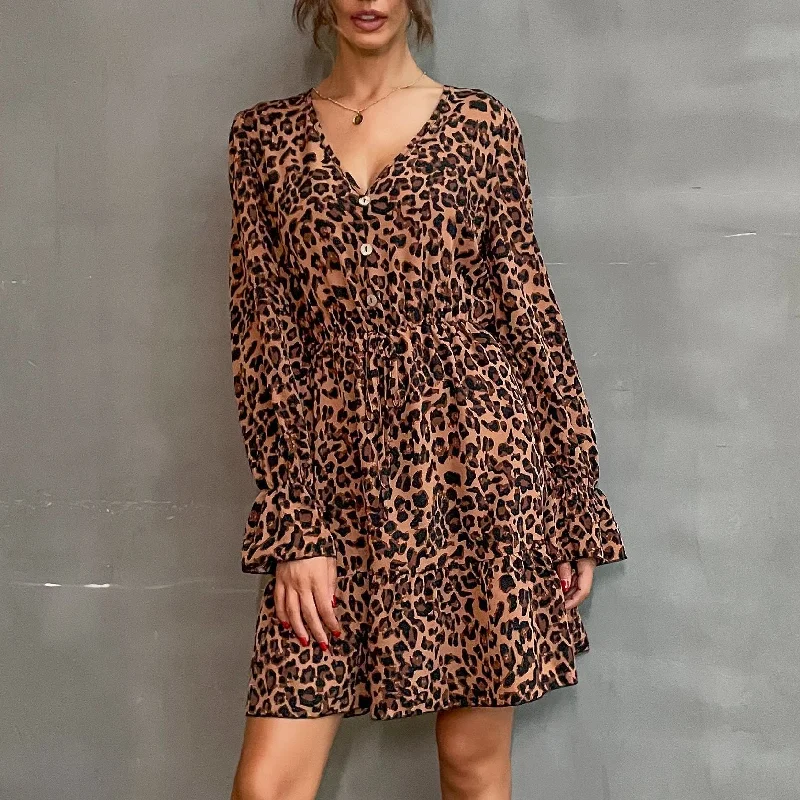 IKEARLAX autumn dress, horn long-sleeved v-neck leopard print skirt, cross-border fashion skirt Tunics Winter warm IKEARLAX autumn dress, horn long-sleeved v-neck leopard print skirt, cross-border fashion skirt Tunics Winter warm