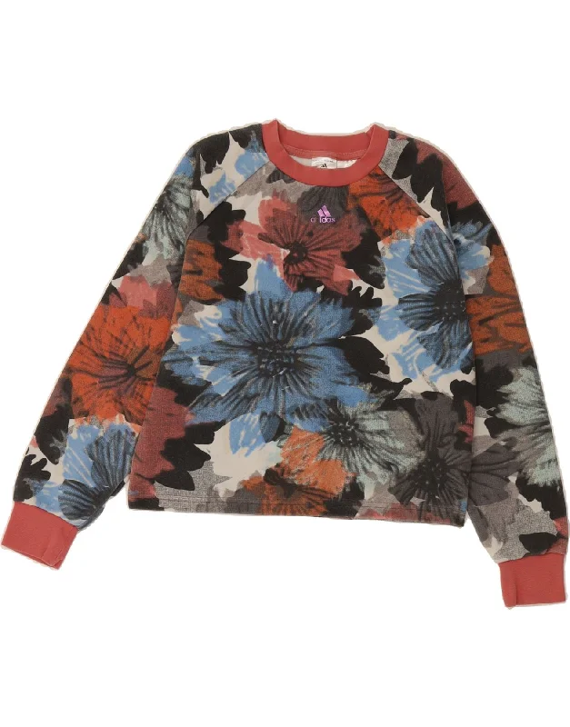 ADIDAS Womens Crop Sweatshirt Jumper UK 8/10 Small Multicoloured Floral Hoodie with Hem Embroidery Detailed Premium ADIDAS Womens Crop Sweatshirt Jumper UK 8/10 Small Multicoloured Floral Hoodie with Hem Embroidery Detailed Premium