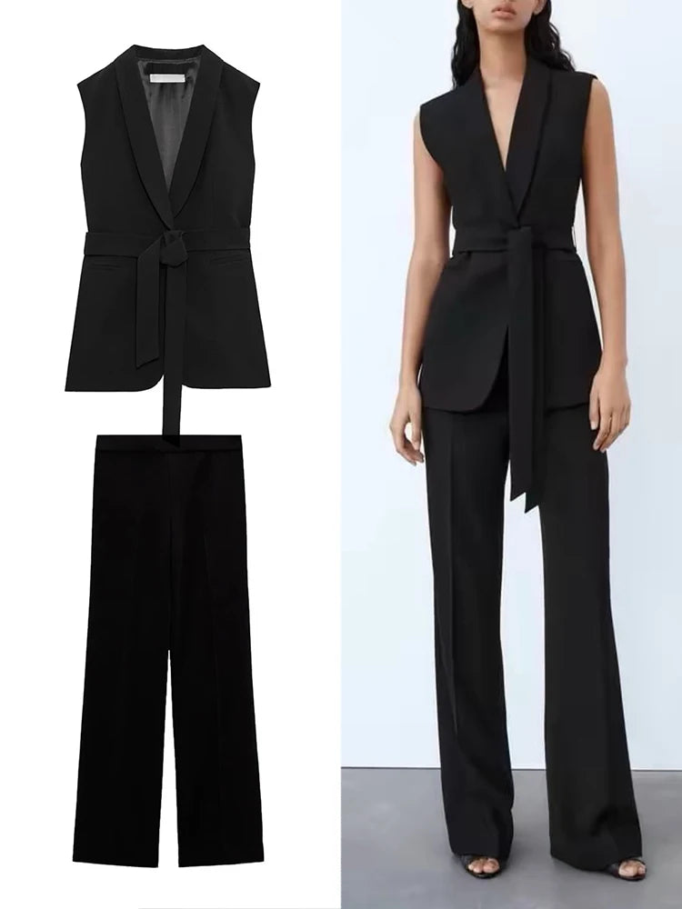 TRAFZA Women's Suit Two Piece Sleeveless Belted Slim Jacket Thin Top + Side Zip High Waisted Pants Pure Colour Belted Suit Set Satin Fabric Silk Fabric Chiffon Fabric TRAFZA Women's Suit Two Piece Sleeveless Belted Slim Jacket Thin Top + Side Zip High Waisted Pants Pure Colour Belted Suit Set Satin Fabric Silk Fabric Chiffon Fabric