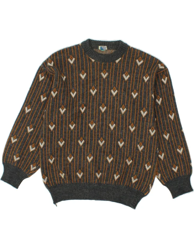 VINTAGE Womens Crew Neck Jumper Sweater UK 16 Large Grey Striped Thin Thick Dense