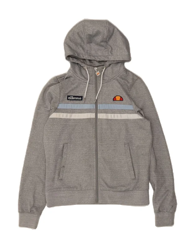 ELLESSE Womens Graphic Zip Hoodie Sweater UK 10 Small Grey Striped Embroidered Appliqued Beaded ELLESSE Womens Graphic Zip Hoodie Sweater UK 10 Small Grey Striped Embroidered Appliqued Beaded