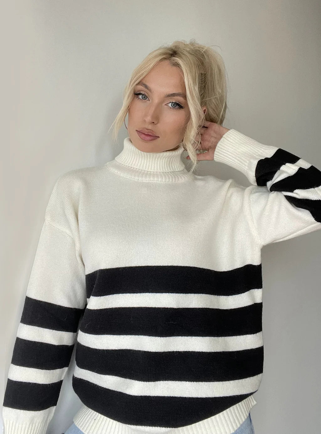 STYLISH STRIPED HIGH NECK CASUAL SWEATER Terry Blend Velvet Blend Canvas Blend