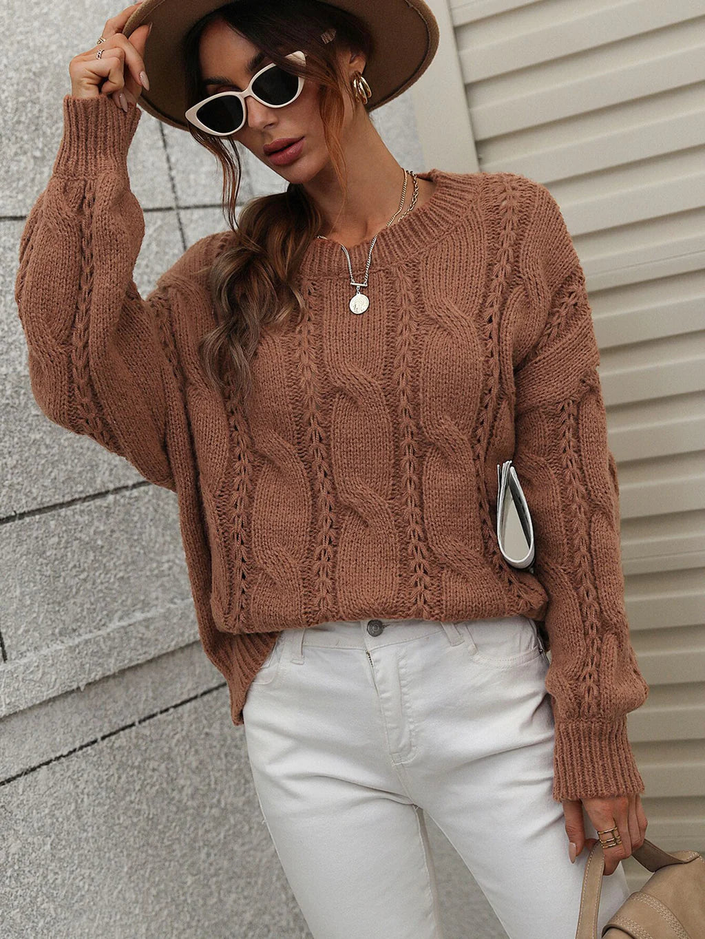 FASHION TWISTED ROPE SOLID COLOR LOOSE ROUND NECK SWEATER Welt Pockets Slit Pockets Flap Pockets