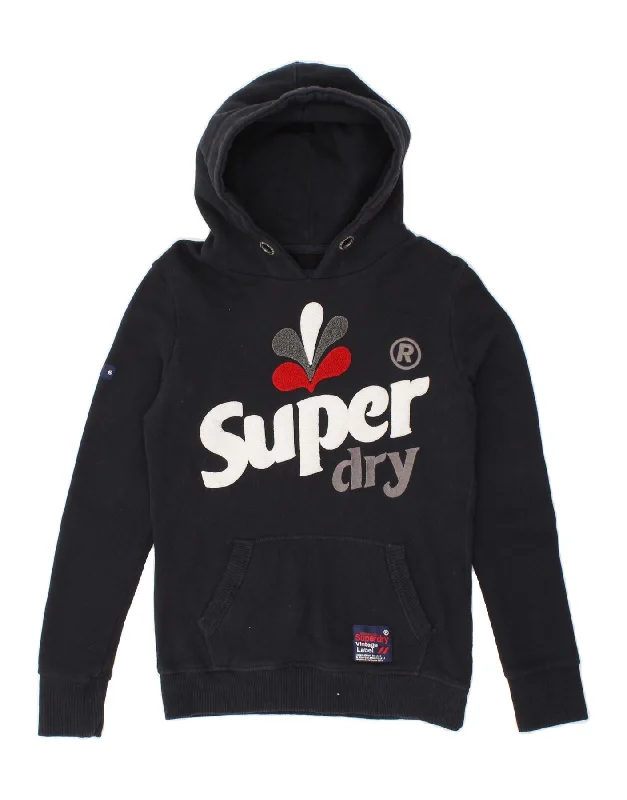 SUPERDRY Womens Graphic Hoodie Jumper UK 6 XS Navy Blue Cotton Hoodie with Distressed Vintage Worn SUPERDRY Womens Graphic Hoodie Jumper UK 6 XS Navy Blue Cotton Hoodie with Distressed Vintage Worn