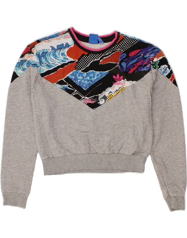 ADIDAS Womens Crop Sweatshirt Jumper UK 10 Small Grey Colourblock Cotton Hoodie with Mock Neck Collared Structured ADIDAS Womens Crop Sweatshirt Jumper UK 10 Small Grey Colourblock Cotton Hoodie with Mock Neck Collared Structured