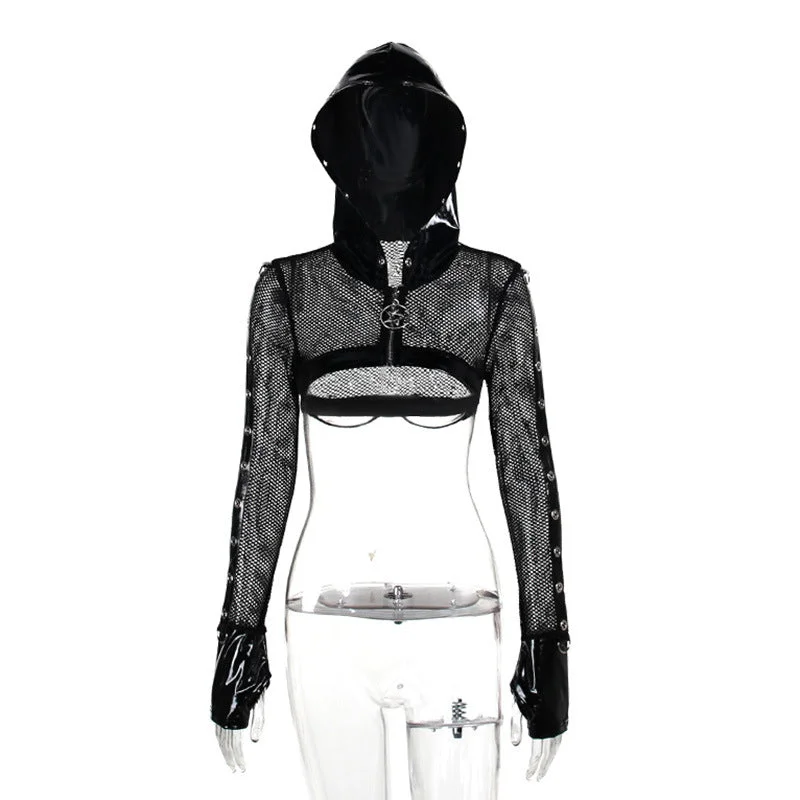 Yipinpay Summer New Dark Wind Personality Trend Self-Building Leather Printed Mesh Hoodie Blouse Women's Dress Zip Hoodie Drawstring Kangaroo Pocket Yipinpay Summer New Dark Wind Personality Trend Self-Building Leather Printed Mesh Hoodie Blouse Women's Dress Zip Hoodie Drawstring Kangaroo Pocket