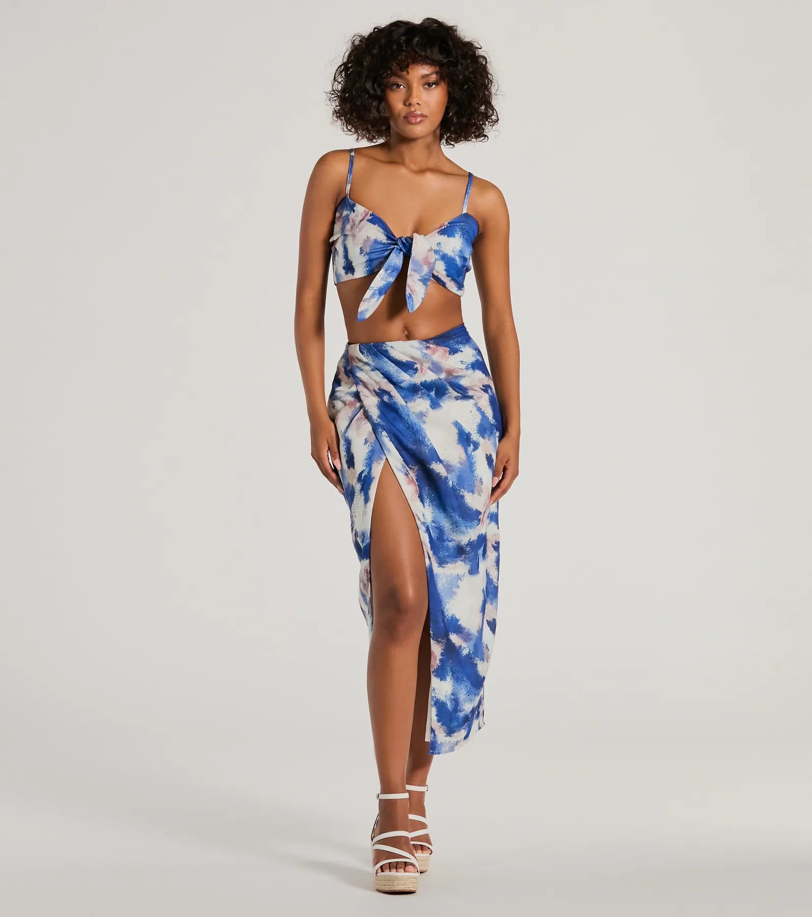 Chic Muse Watercolor Wrap-Slit Midi Skirt breathable skirt fabric