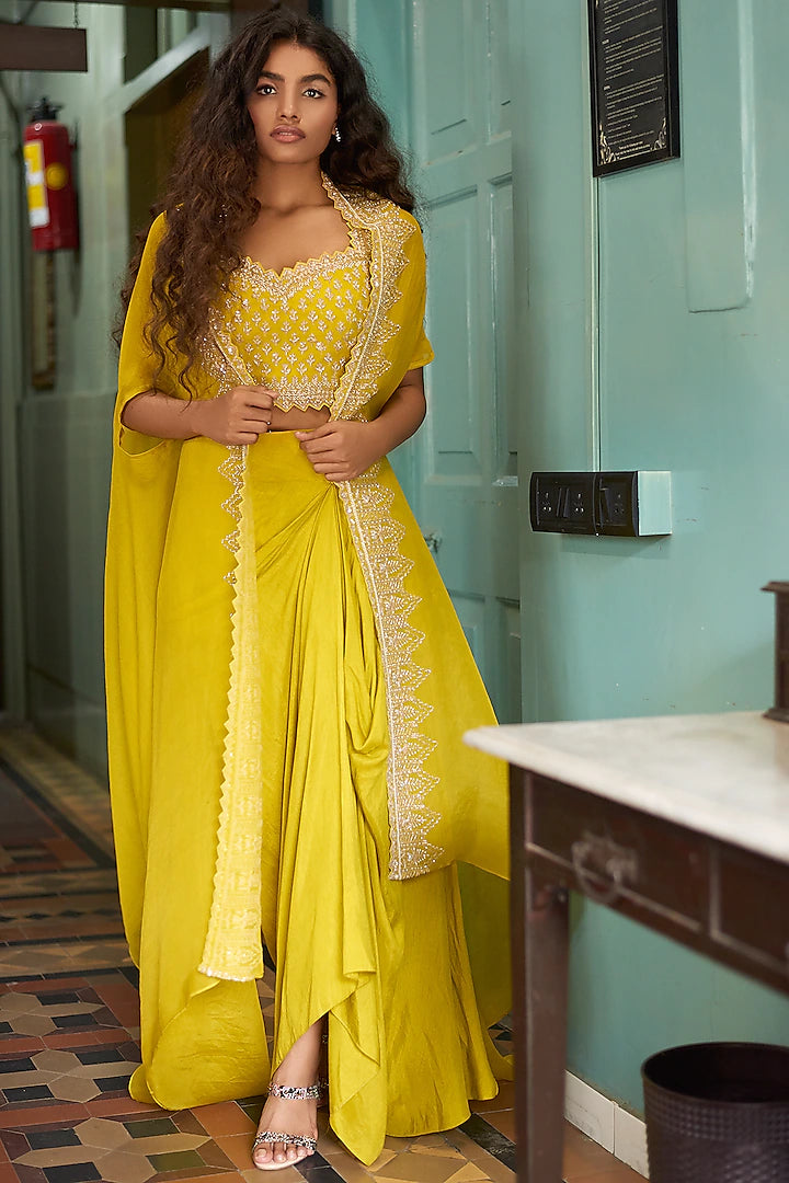 Yellow Skirt Set With Cape velvet skirt sumptuous
