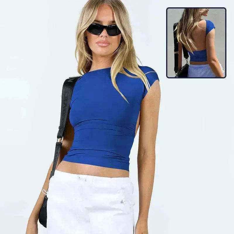 Slim Fit Backless Crop Top Summer Charming Breathable Short Sleeve Low Back Top Tank Top for Women cropped tank top Slim Fit Backless Crop Top Summer Charming Breathable Short Sleeve Low Back Top Tank Top for Women cropped tank top