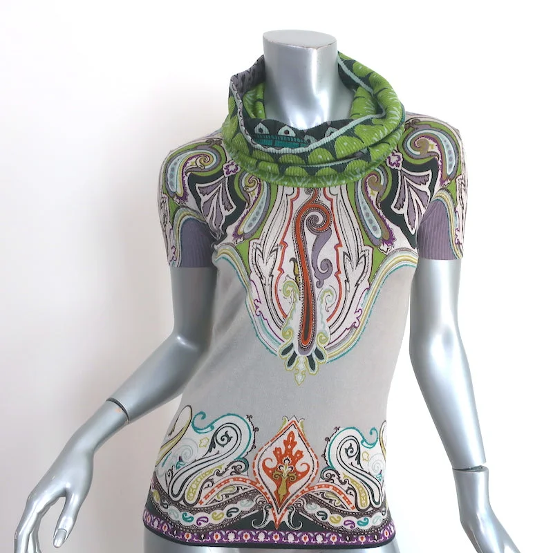 Etro Cowl Neck Short Sleeve Sweater Top Gray/Multicolor Printed Knit Size 38 Print Jacquard Patchwork Etro Cowl Neck Short Sleeve Sweater Top Gray/Multicolor Printed Knit Size 38 Print Jacquard Patchwork