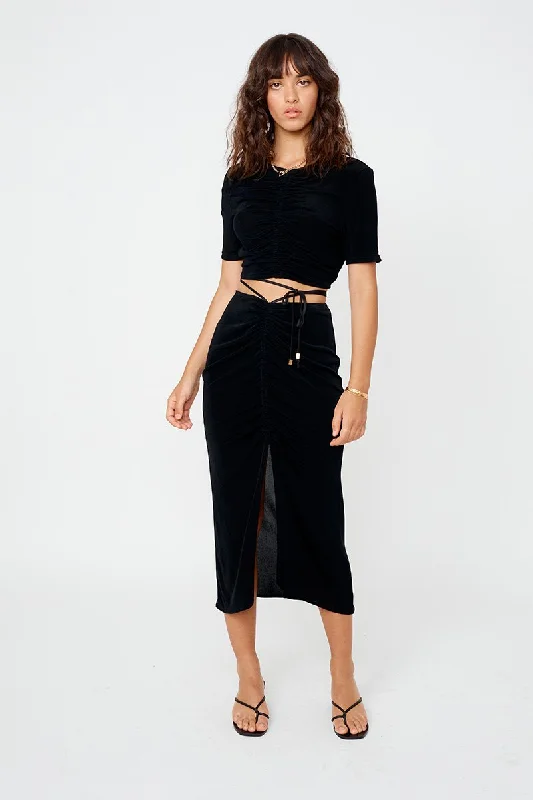 Suboo The Liz Rouched Midi Skirt - Black pleated skirt texture
