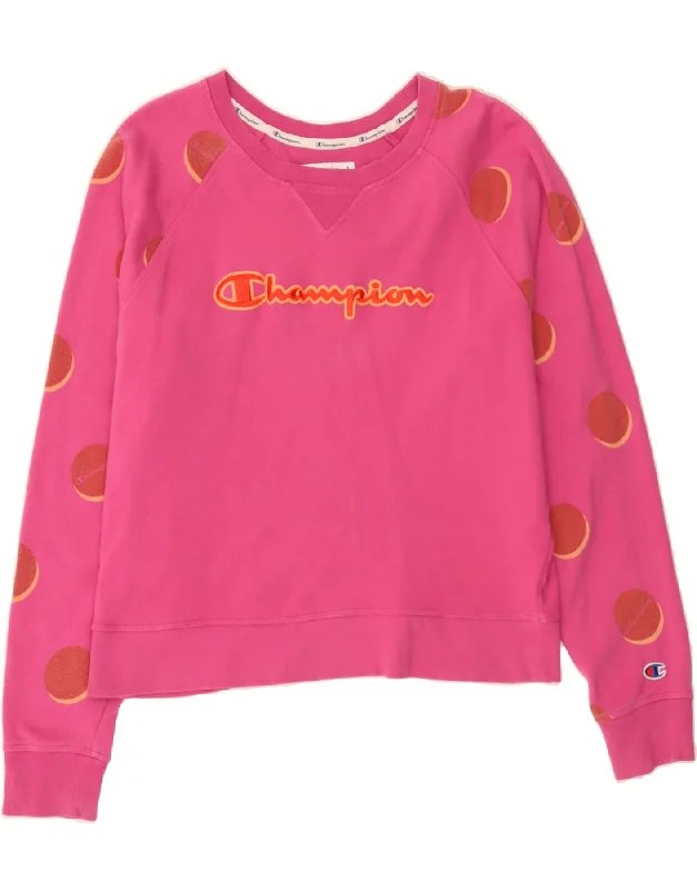 CHAMPION Womens Graphic Sweatshirt Jumper UK 18 XL Pink Polka Dot Cotton Hoodie with Thumb Holes Functional Cozy CHAMPION Womens Graphic Sweatshirt Jumper UK 18 XL Pink Polka Dot Cotton Hoodie with Thumb Holes Functional Cozy