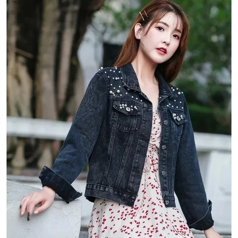 Women's Short Denim Jacket Beaded Pearl Jacket Loose Spring and Autumn New Denim Jacket Fashion Casual Women's Jacket Cotton Fabric Linen Fabric Terry Fabric Women's Short Denim Jacket Beaded Pearl Jacket Loose Spring and Autumn New Denim Jacket Fashion Casual Women's Jacket Cotton Fabric Linen Fabric Terry Fabric