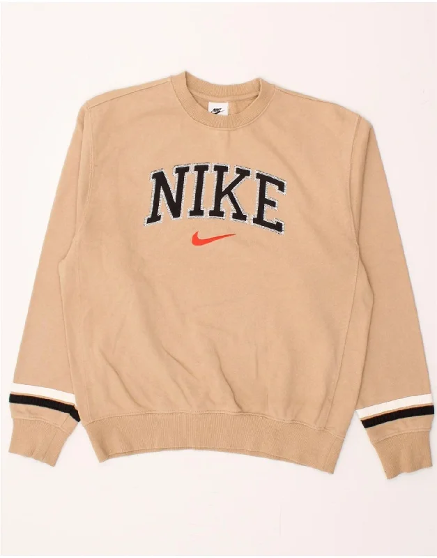 NIKE Womens Oversized Graphic Sweatshirt Jumper UK 10 Small Beige Cotton Hoodie with Drawcord Adjustable Secure NIKE Womens Oversized Graphic Sweatshirt Jumper UK 10 Small Beige Cotton Hoodie with Drawcord Adjustable Secure