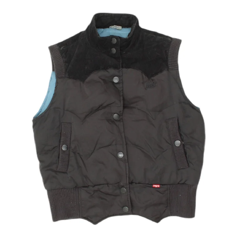 Levi's Womens Black Quilted Sleeveless Jacket | Vintage High End Designer Gilet Cotton Fabric Linen Fabric Terry Fabric Levi's Womens Black Quilted Sleeveless Jacket | Vintage High End Designer Gilet Cotton Fabric Linen Fabric Terry Fabric