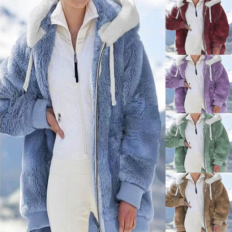 Fall and Winter New Women's Loose Long Padded Zipper Hooded Jacket Jacket Tops Denim Fabric Leather Fabric Suede Fabric Fall and Winter New Women's Loose Long Padded Zipper Hooded Jacket Jacket Tops Denim Fabric Leather Fabric Suede Fabric
