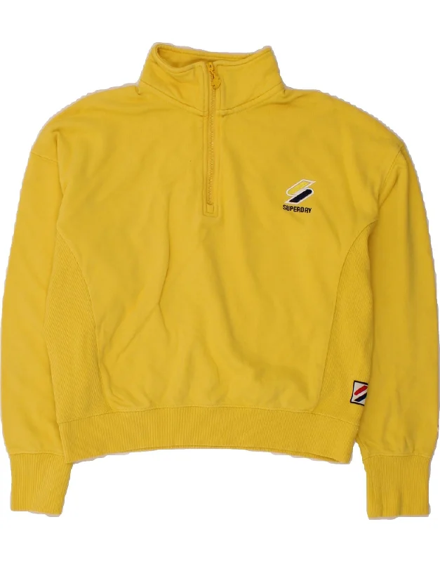 SUPERDRY Womens Crop Zip Neck Sweatshirt Jumper UK 12 Medium Yellow Cotton Hoodie with Elastic Waist Stretchable Comfortable SUPERDRY Womens Crop Zip Neck Sweatshirt Jumper UK 12 Medium Yellow Cotton Hoodie with Elastic Waist Stretchable Comfortable