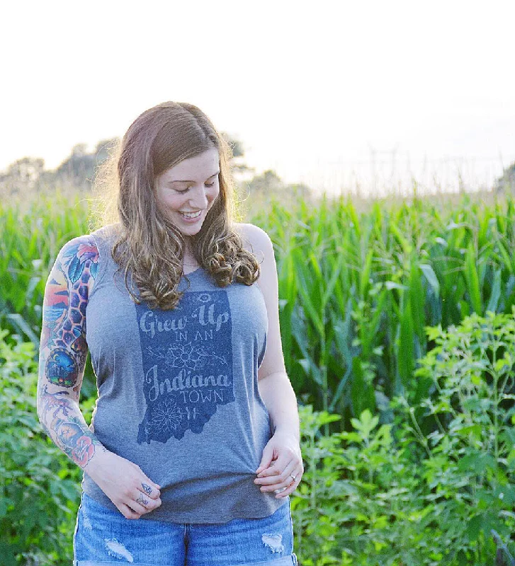 "She Grew Up In An Indiana Town" Womens Vintage Gray Racerback Tank crossback tank top "She Grew Up In An Indiana Town" Womens Vintage Gray Racerback Tank crossback tank top