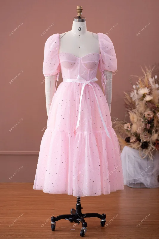 Pink Bubble Sleeve Gold Stars Corset Tea Length Prom Dress Tunics Luxurious high-end Pink Bubble Sleeve Gold Stars Corset Tea Length Prom Dress Tunics Luxurious high-end
