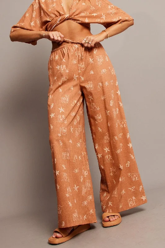 Brown Abstract Wide Leg Pants High Rise Trendy High-Waist Trousers