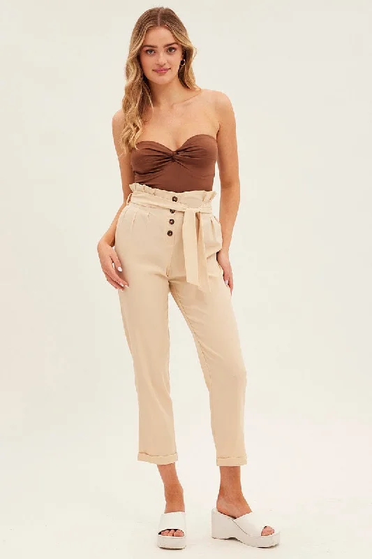 Beige Tie And Elastic Waist Slim Leg Pant Classic Stretch Pants