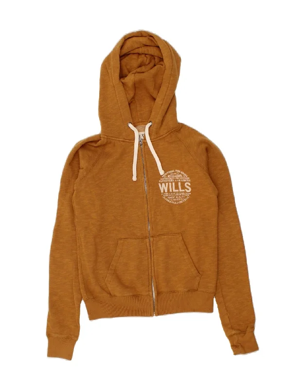 JACK WILLS Womens Graphic Zip Hoodie Sweater UK 8 Small Brown Cotton Iron Safe Non-Iron Wrinkle Free