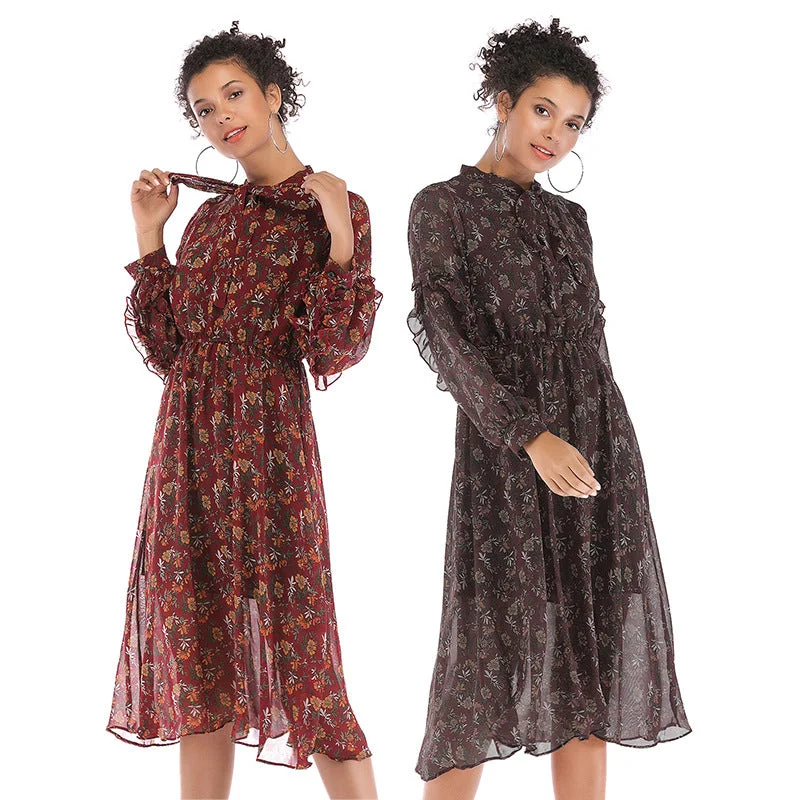 IKEARLAX autumn women's clothing fashion temperament small floral chiffon dress medium and long long-sleeved pendulum skirt Tunics Designer luxury IKEARLAX autumn women's clothing fashion temperament small floral chiffon dress medium and long long-sleeved pendulum skirt Tunics Designer luxury