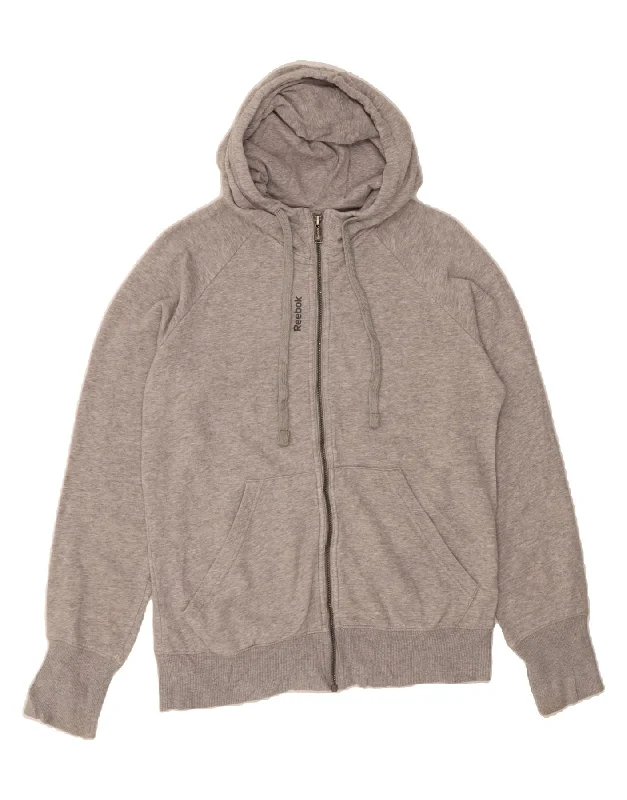 REEBOK Womens Zip Hoodie Sweater UK 14 Medium Grey Cotton Hoodie with Contrast Stitching Detailed Premium REEBOK Womens Zip Hoodie Sweater UK 14 Medium Grey Cotton Hoodie with Contrast Stitching Detailed Premium