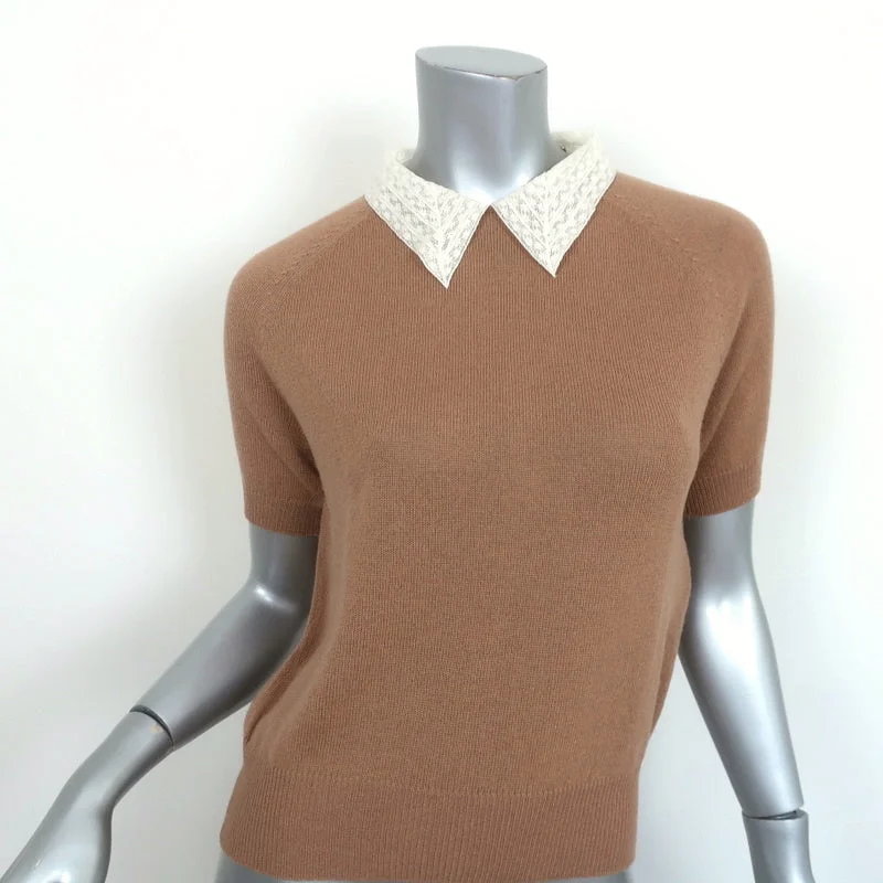 Christian Dior Lace Collar Cashmere Top Camel Size US 6 Short Sleeve Sweater NEW Tailored Straight A-Line Christian Dior Lace Collar Cashmere Top Camel Size US 6 Short Sleeve Sweater NEW Tailored Straight A-Line