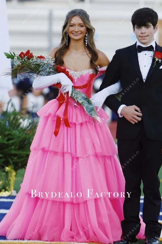Homecoming Dress | Hot Pink Off Shoulder Layered A-Line Formal Gown Tunics Luxurious premium Homecoming Dress | Hot Pink Off Shoulder Layered A-Line Formal Gown Tunics Luxurious premium