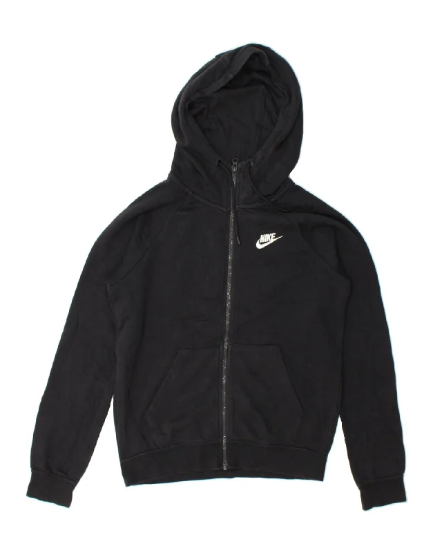 NIKE Womens Oversized Zip Hoodie Sweater UK 6 XS Black Cotton Hoodie with Distressed Vintage Worn NIKE Womens Oversized Zip Hoodie Sweater UK 6 XS Black Cotton Hoodie with Distressed Vintage Worn