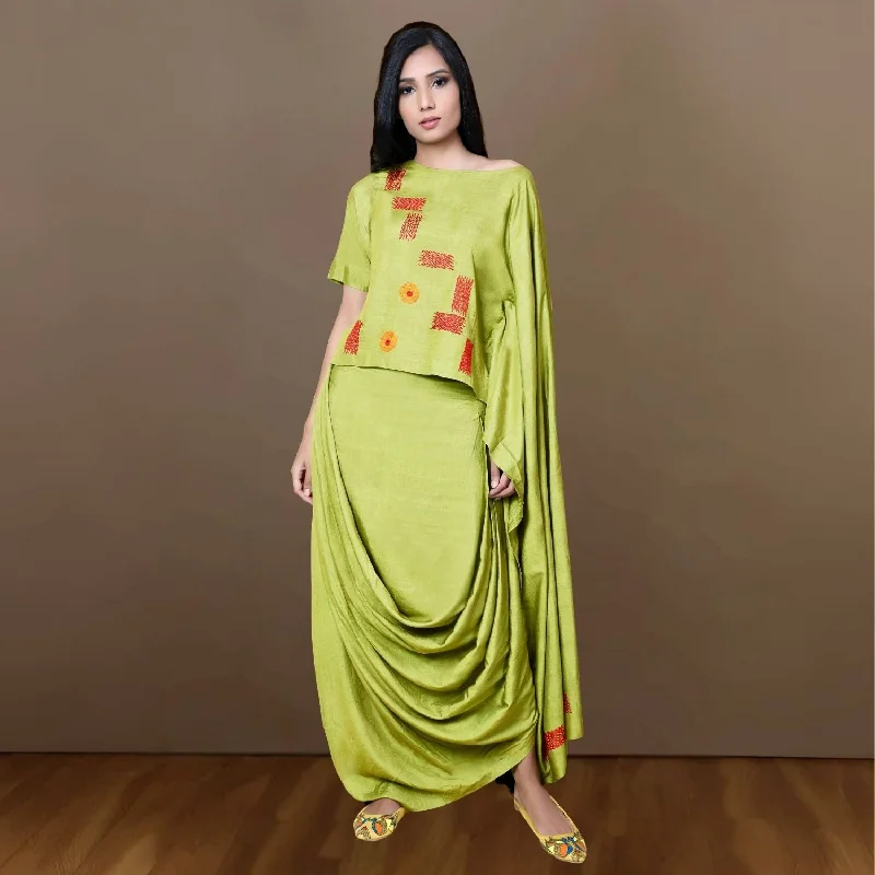 Brena Co-ord Set | Cowl Skirt With Dhoti | Sujani Hand-Embroidered | Green denim skirt trendy Brena Co-ord Set | Cowl Skirt With Dhoti | Sujani Hand-Embroidered | Green denim skirt trendy