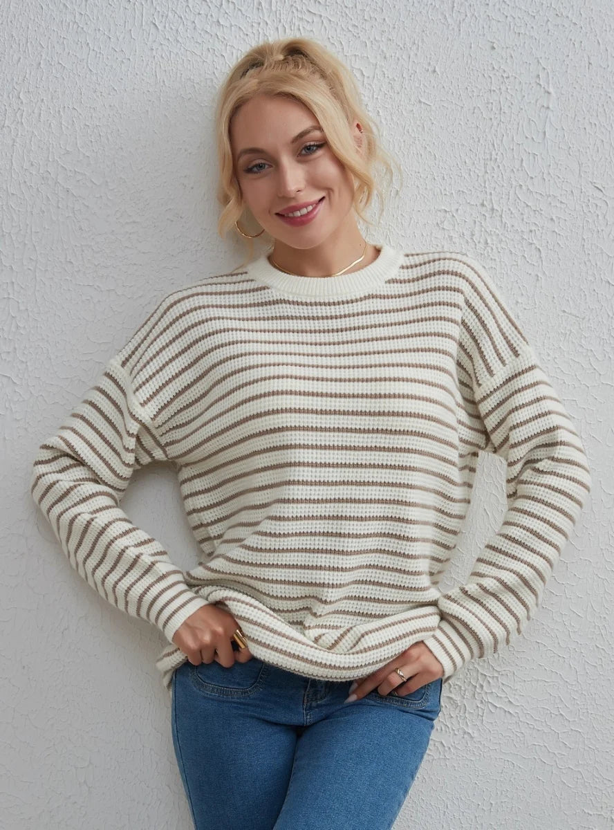 CLASSY STRIPED ROUND NECK CASUAL LOOSE SWEATER Graphic Sweater Embroidered Appliqued CLASSY STRIPED ROUND NECK CASUAL LOOSE SWEATER Graphic Sweater Embroidered Appliqued