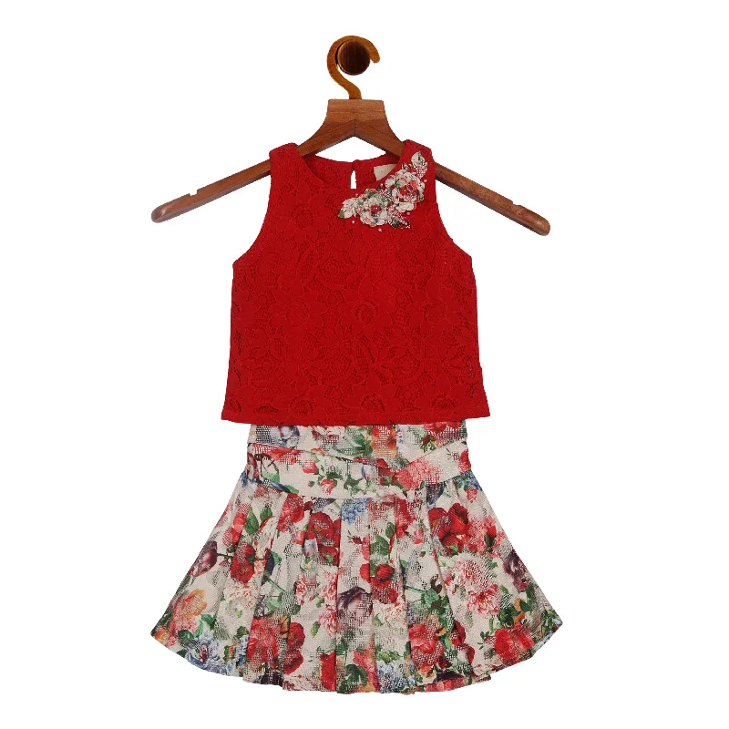Floral Sleeveless Skirt Set With Lace Flower Detailing chiffon skirt floaty
