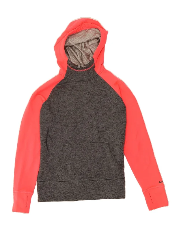 NIKE Womens Therma-Fit Hoodie Jumper UK 14 Medium Grey Colourblock Hoodie with Stripes Bold Sporty NIKE Womens Therma-Fit Hoodie Jumper UK 14 Medium Grey Colourblock Hoodie with Stripes Bold Sporty