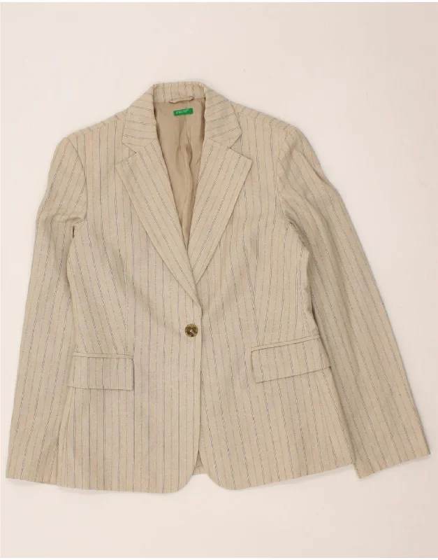 BENETTON Womens 1 Button Blazer Jacket IT 44 Medium Beige Pinstripe Cotton Nylon Fabric Polyester Fabric Spandex Fabric BENETTON Womens 1 Button Blazer Jacket IT 44 Medium Beige Pinstripe Cotton Nylon Fabric Polyester Fabric Spandex Fabric