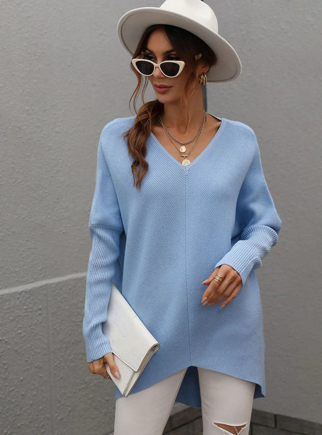 FASHION SOLID COLOR V-NECK FASHION TOP SWEATER Denim Fabric Leather Fabric Suede Fabric FASHION SOLID COLOR V-NECK FASHION TOP SWEATER Denim Fabric Leather Fabric Suede Fabric
