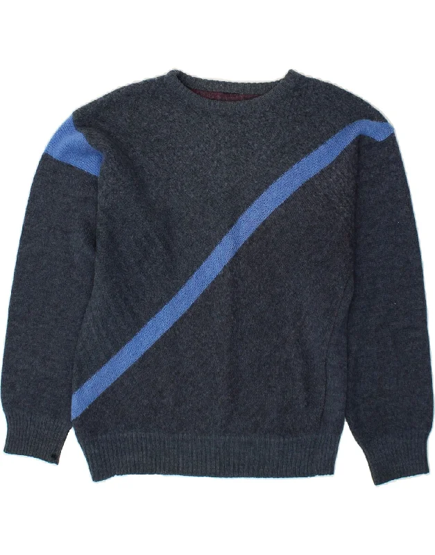 VINTAGE Womens Crew Neck Jumper Sweater Small Navy Blue Striped Neon Metallic Matte