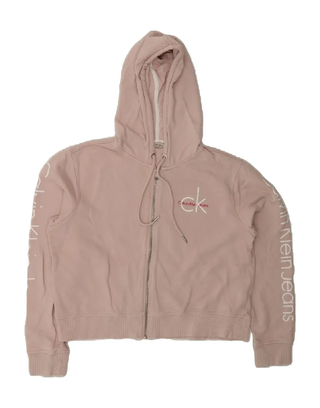 CALVIN KLEIN JEANS Womens Crop Graphic Zip Hoodie Sweater UK 16 Large Pink Hoodie with Stripes Bold Sporty CALVIN KLEIN JEANS Womens Crop Graphic Zip Hoodie Sweater UK 16 Large Pink Hoodie with Stripes Bold Sporty